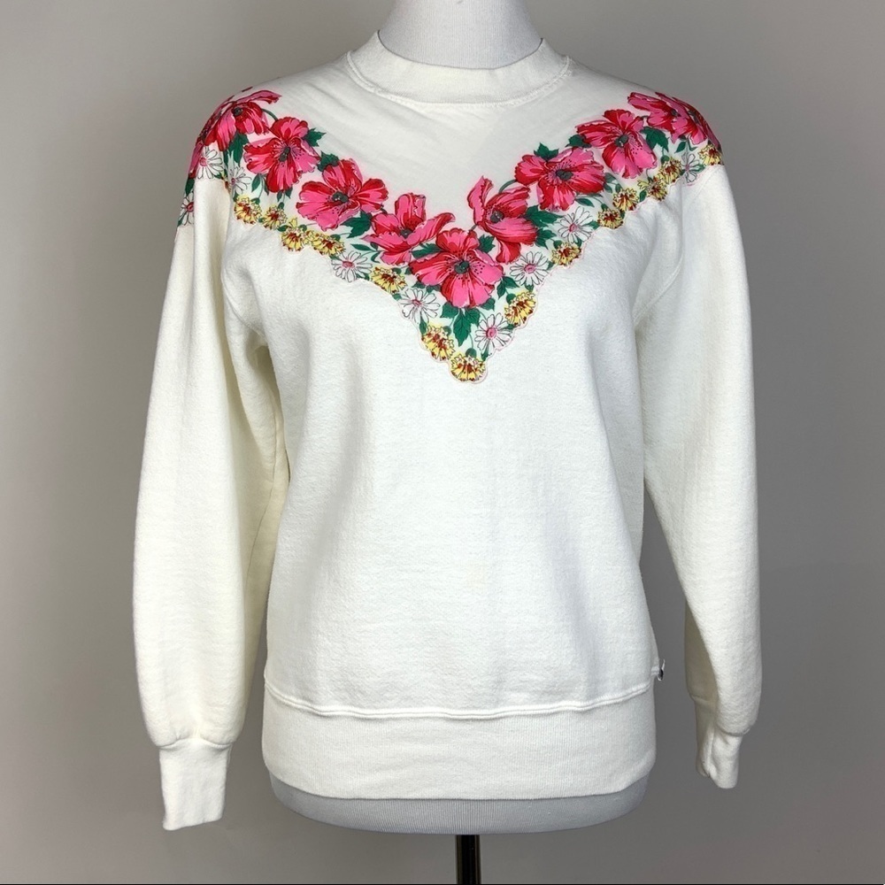 Vtg Russell Athletic White Floral Sweatshirt Sz M